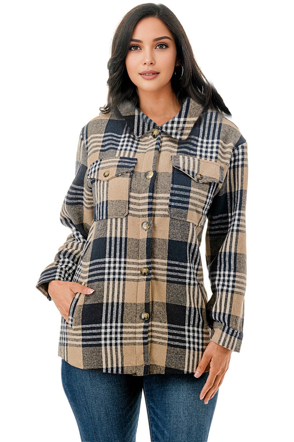 Fur lined navy plaid flannel shirt jacket shacket w/pockets