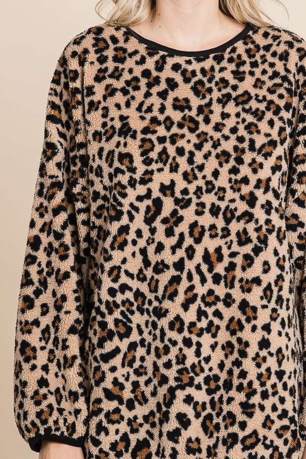 Print Faux Fur Crew Neck Long Sleeve Top