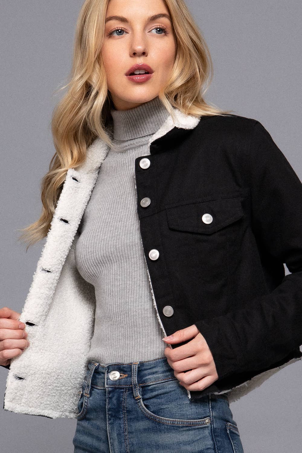Long Sleeve Front Button Closure Sherpa-Lined Twill Jacket