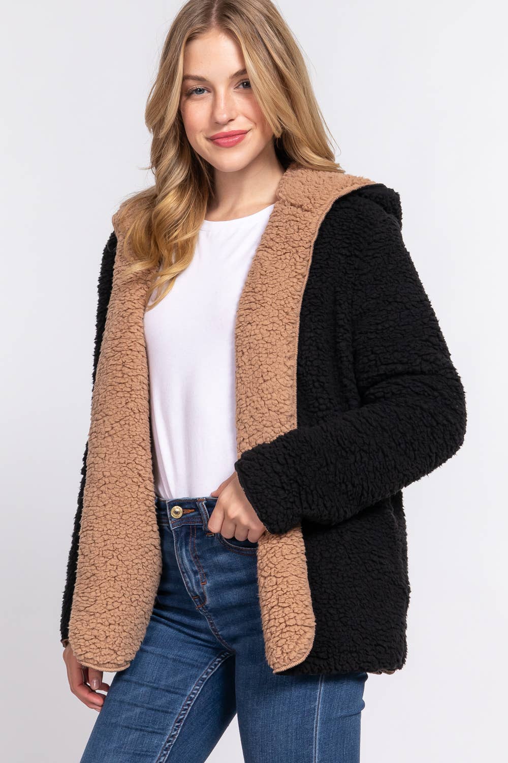 Long Sleeve Hoodie Faux-fur Reversible Jacket