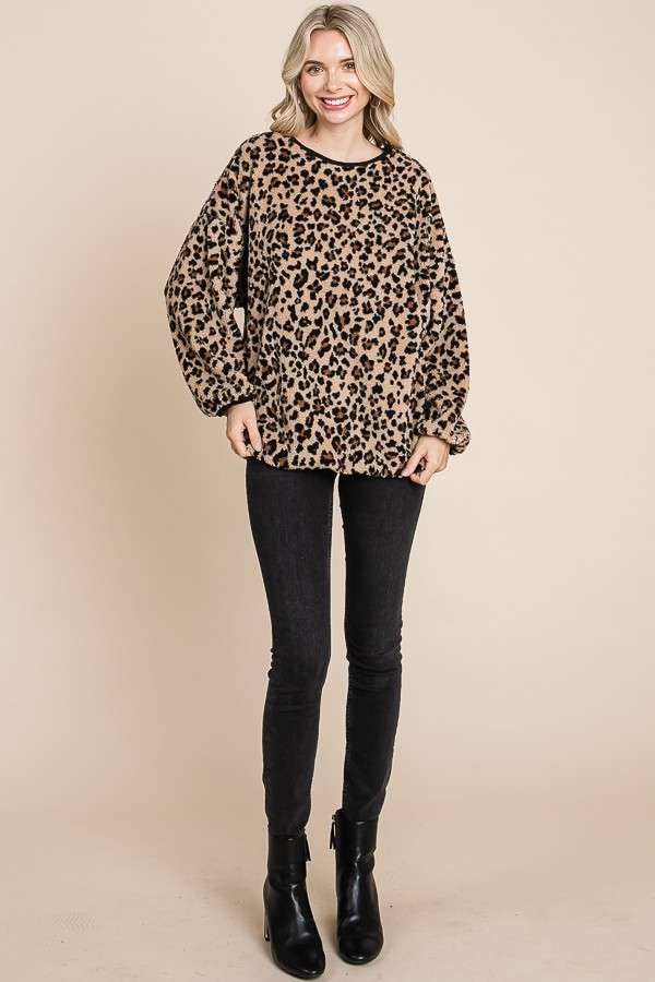 Print Faux Fur Crew Neck Long Sleeve Top