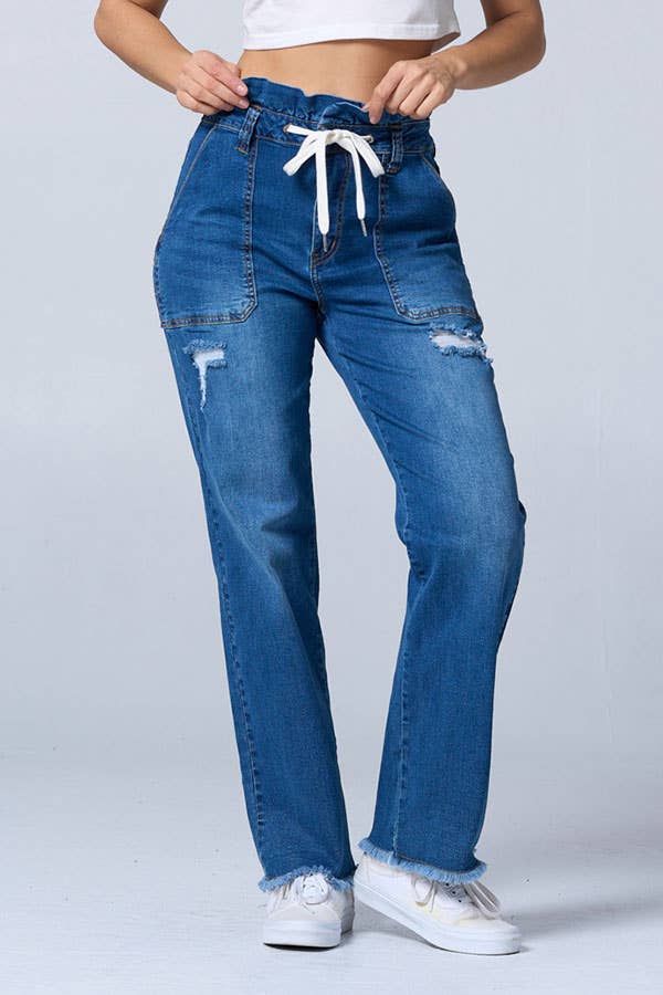 Distress fashion boot cut baggy jeans w/draw string raw edge