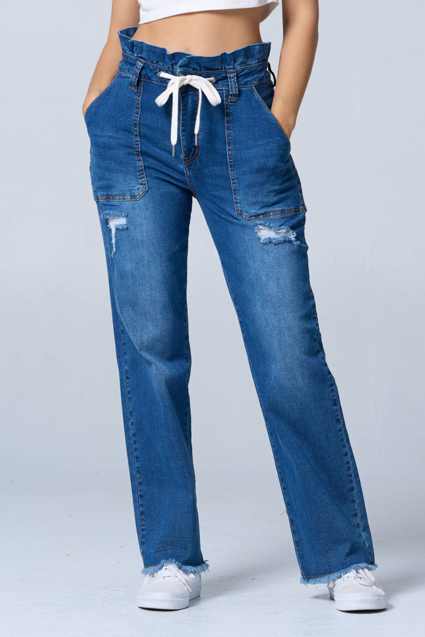 Distress fashion boot cut baggy jeans w/draw string raw edge
