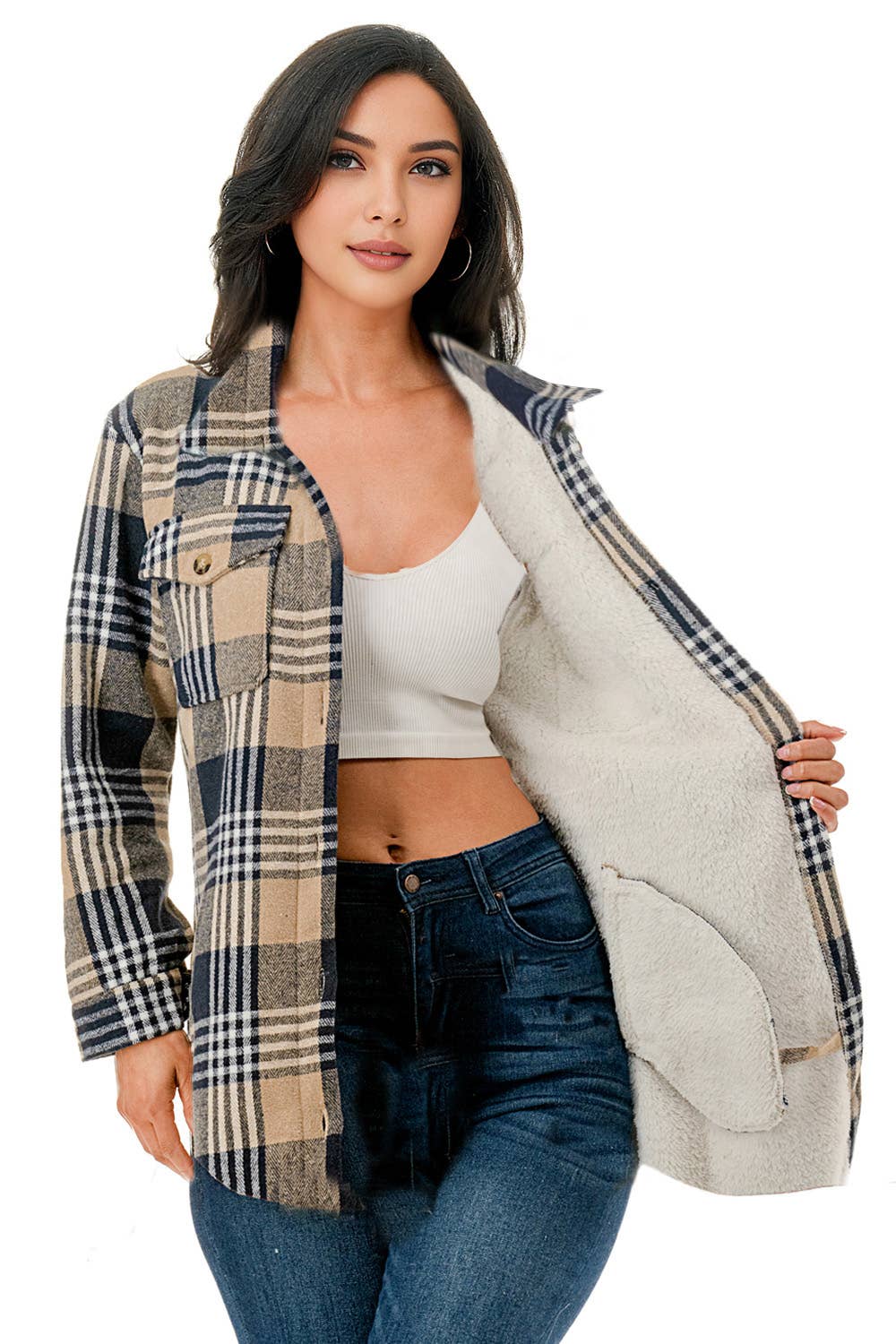 Fur lined navy plaid flannel shirt jacket shacket w/pockets