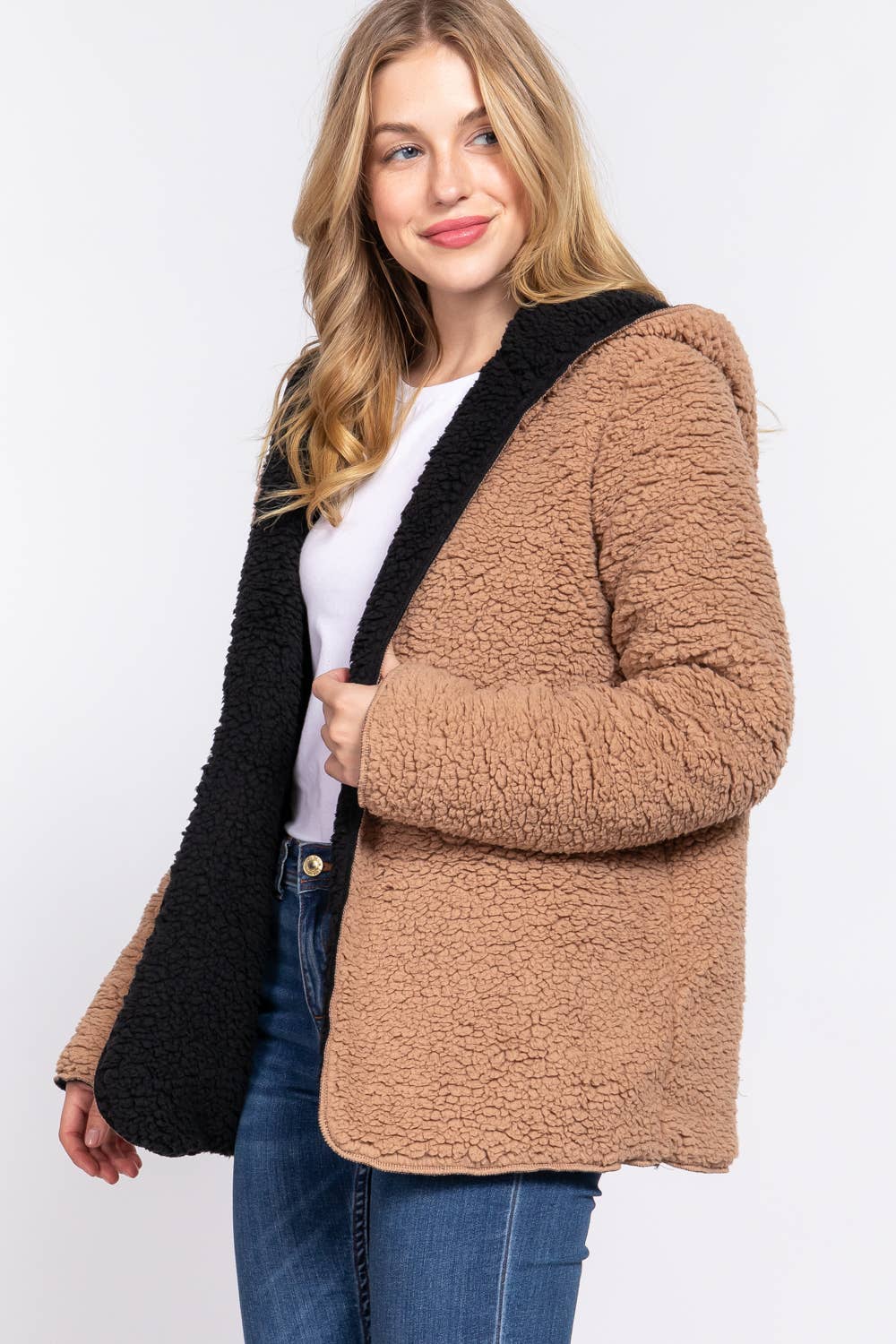 Long Sleeve Hoodie Faux-fur Reversible Jacket