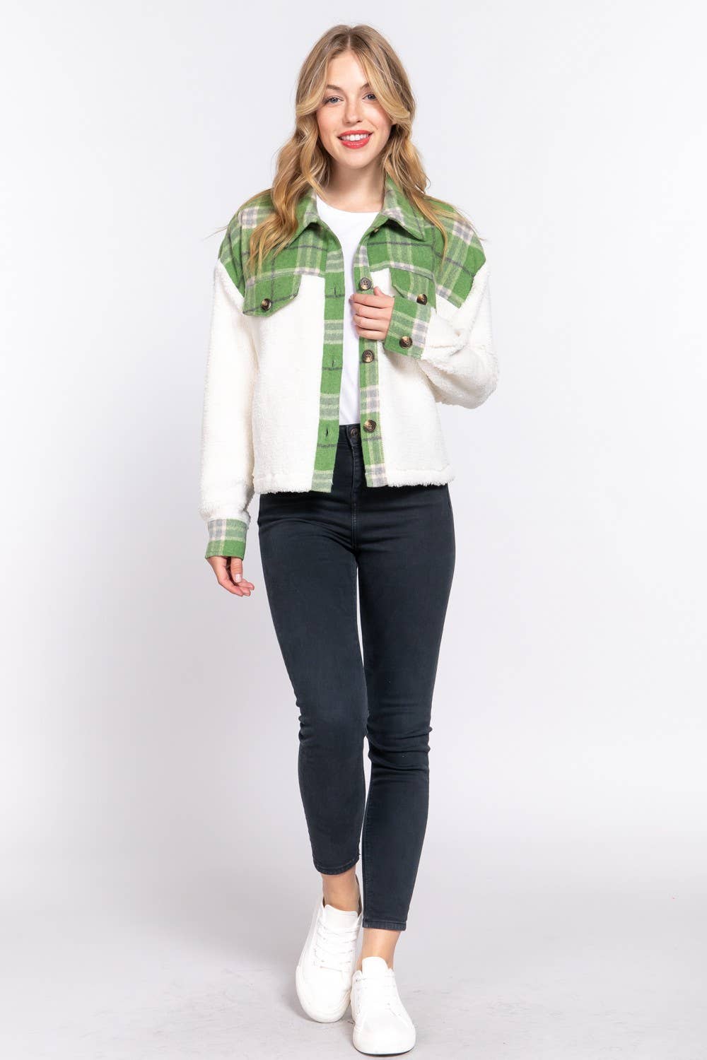 Button Down Plaid Contrast Faux Fur Jacket