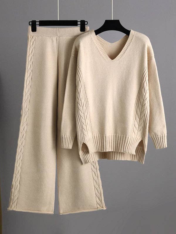 Stylish Loose Long Sleeves V-Neck Sweater and Pants Set
