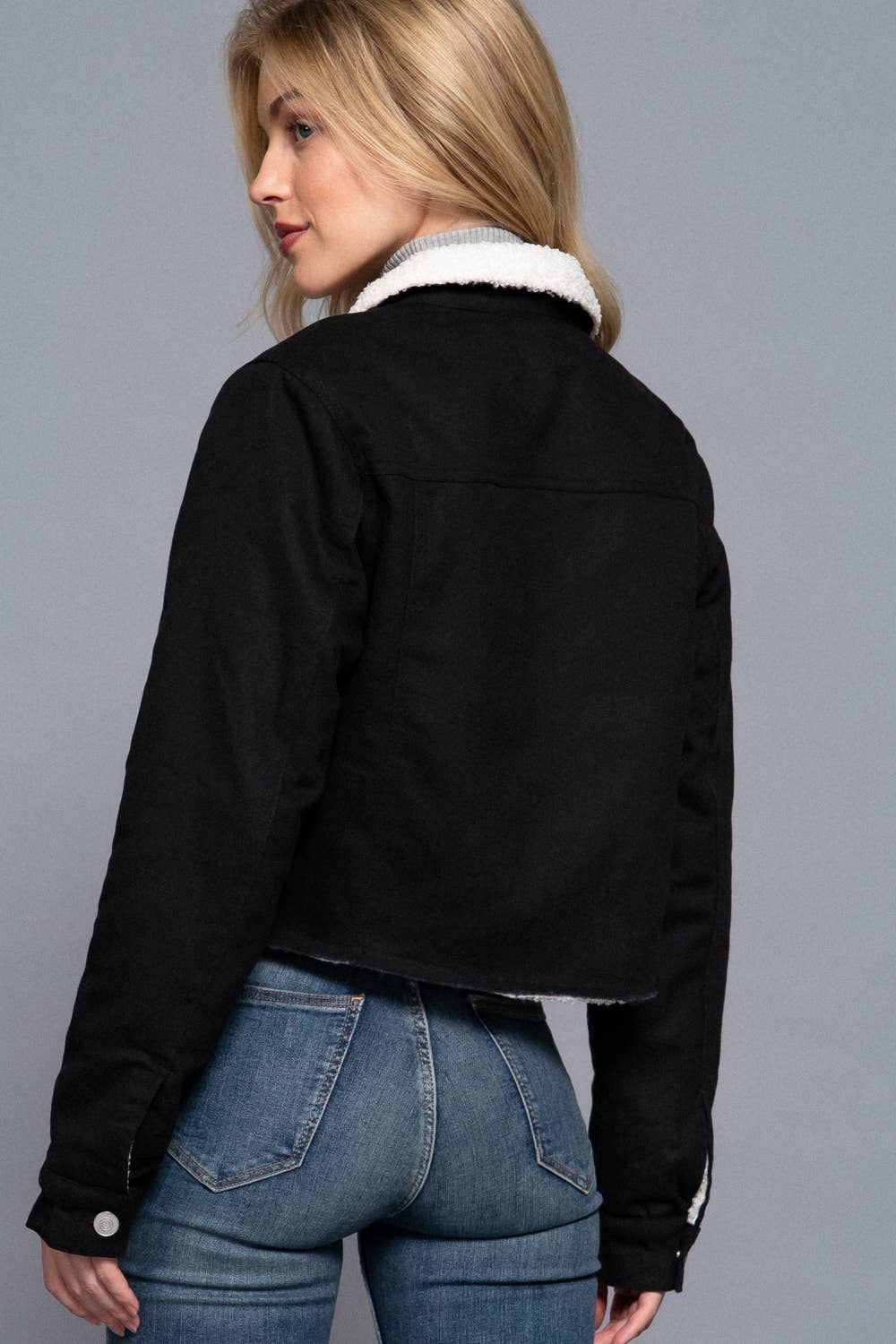 Long Sleeve Front Button Closure Sherpa-Lined Twill Jacket