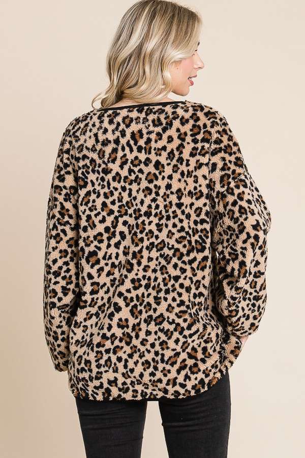 Print Faux Fur Crew Neck Long Sleeve Top