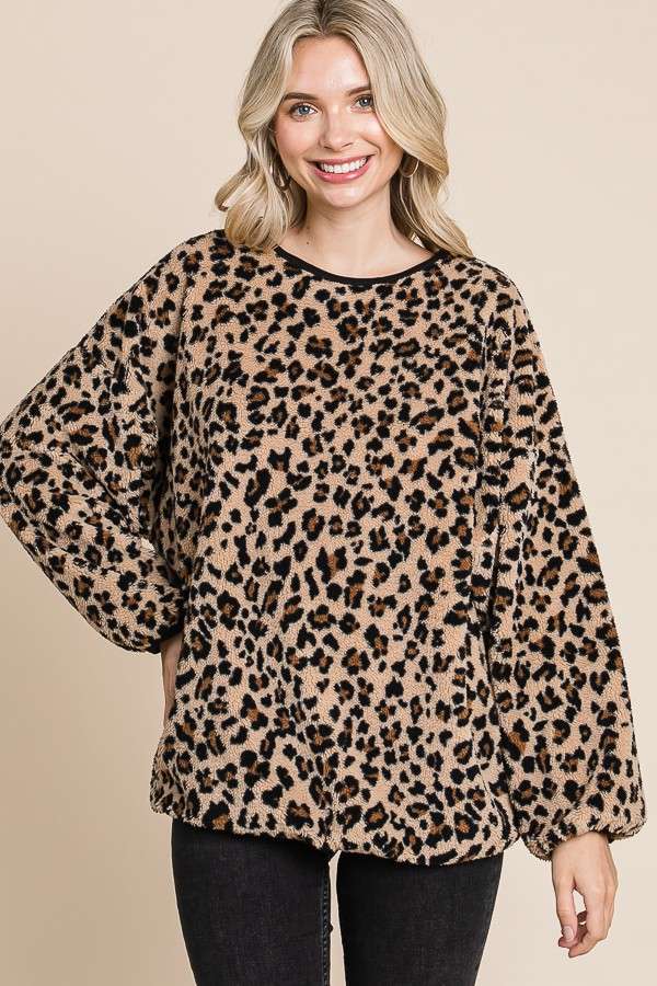 Print Faux Fur Crew Neck Long Sleeve Top