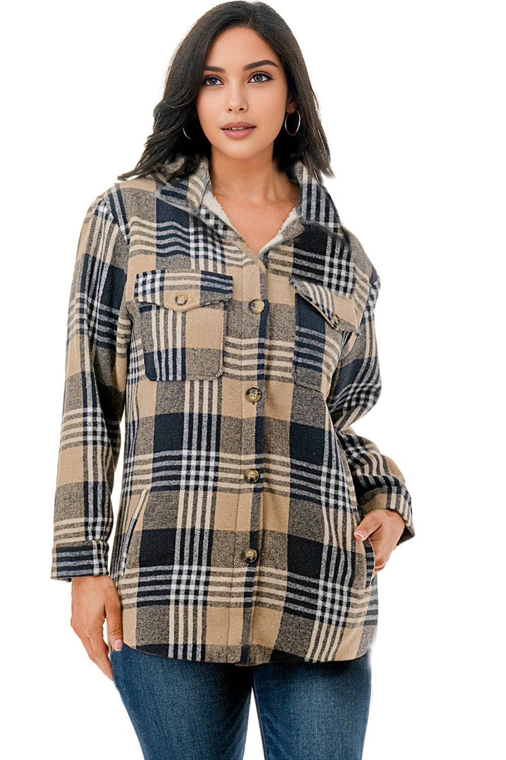 Fur lined navy plaid flannel shirt jacket shacket w/pockets