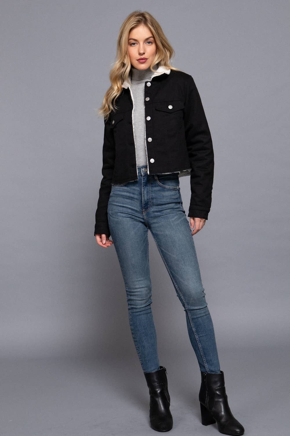 Long Sleeve Front Button Closure Sherpa-Lined Twill Jacket