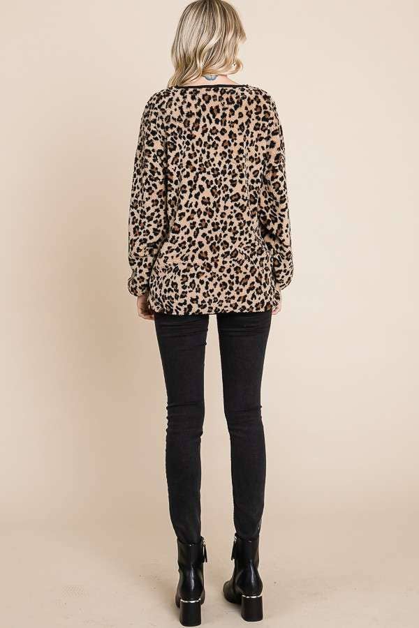 Print Faux Fur Crew Neck Long Sleeve Top