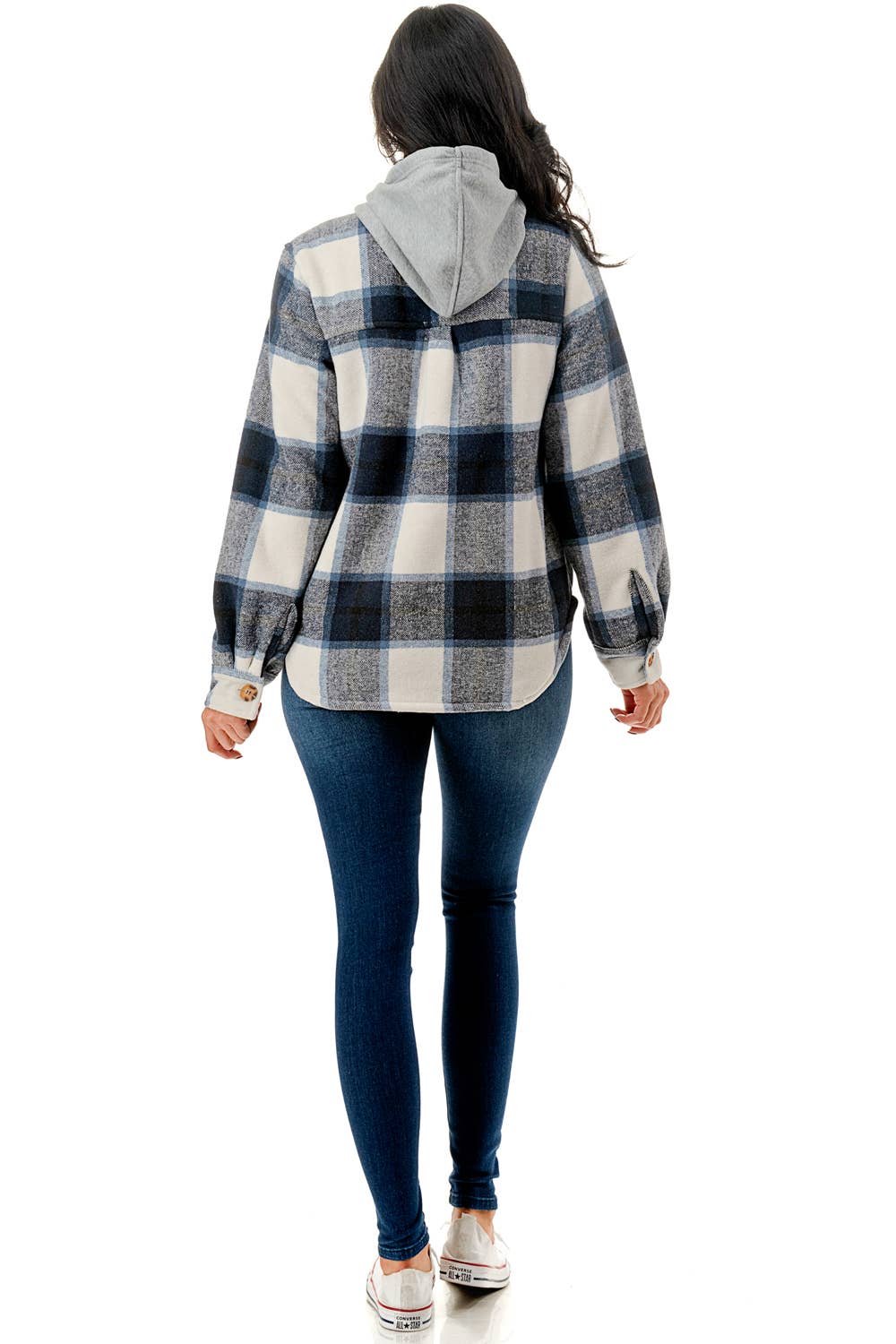 Fur lined plaid flannel shirt jacket shacket w/hoodie pocket