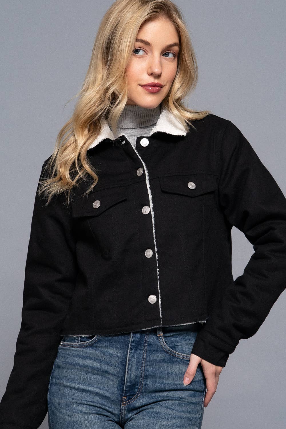 Long Sleeve Front Button Closure Sherpa-Lined Twill Jacket