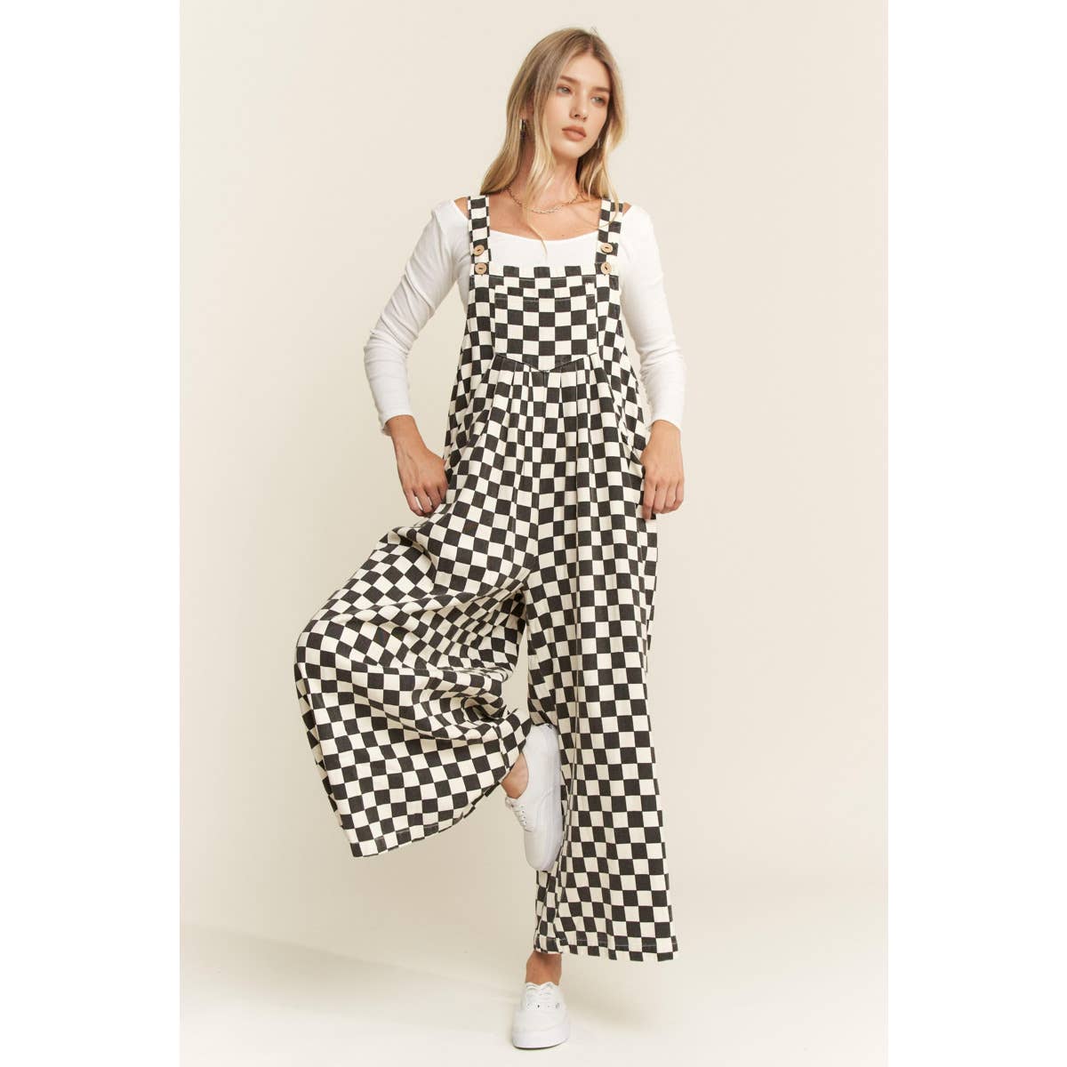Checkered Denim Wide Leg Overall
