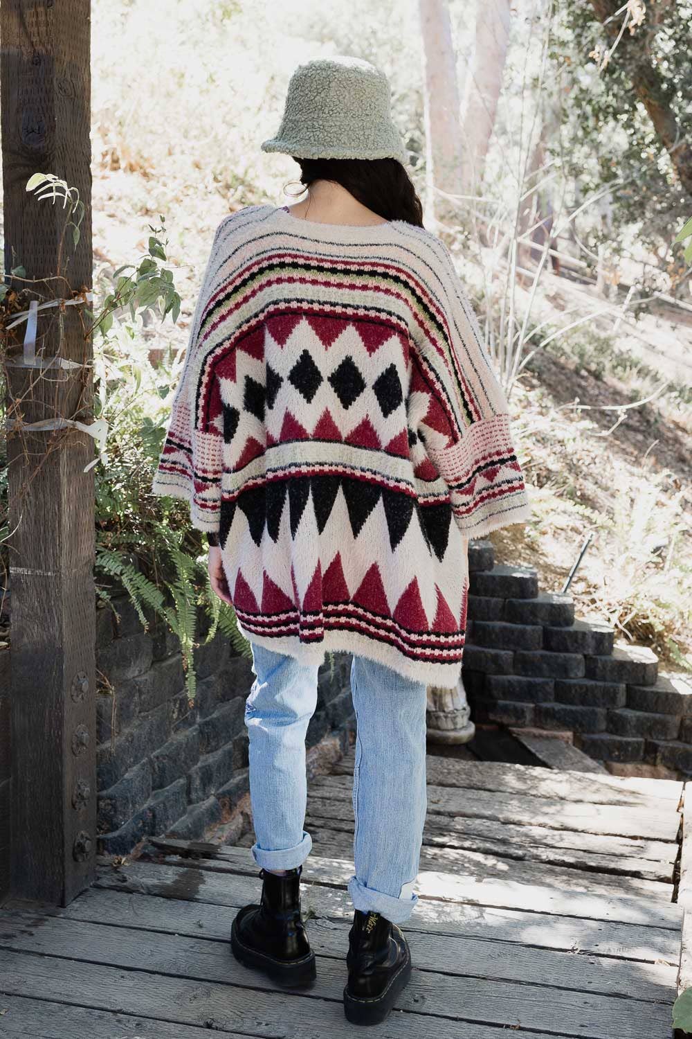 Boho Faux Fur Ruana Wrap with Cozy Pockets - Tribal Cardigan