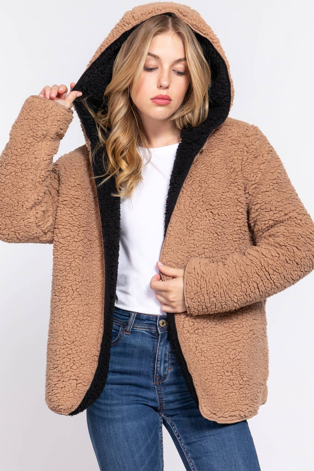 Long Sleeve Hoodie Faux-fur Reversible Jacket