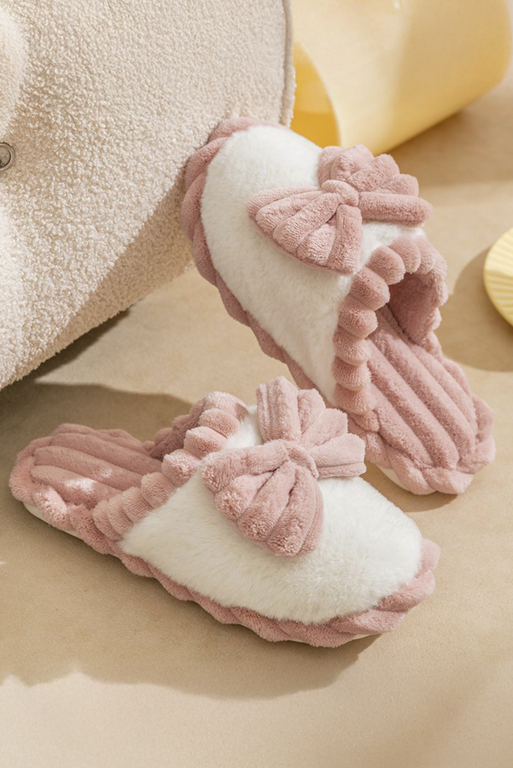 Bow Decor Color Block Ribbed Plush Slippers Gifts