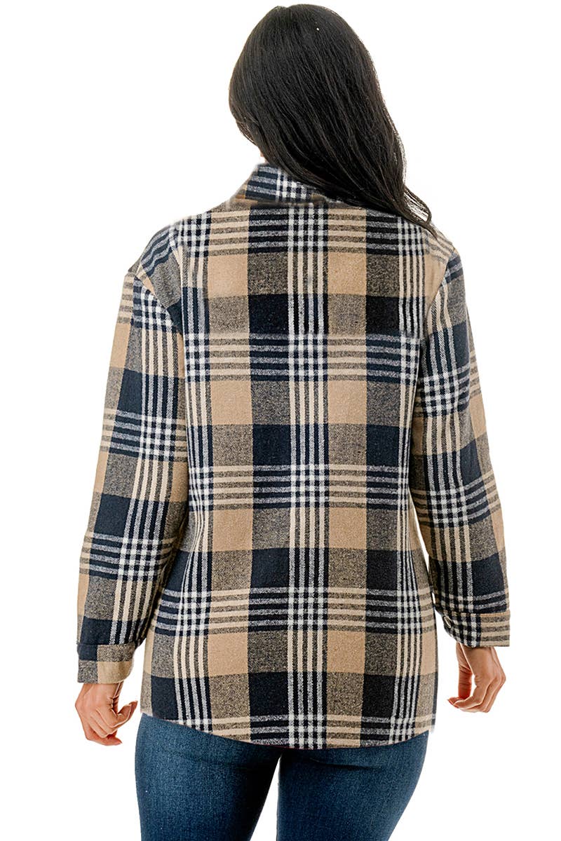Fur lined navy plaid flannel shirt jacket shacket w/pockets