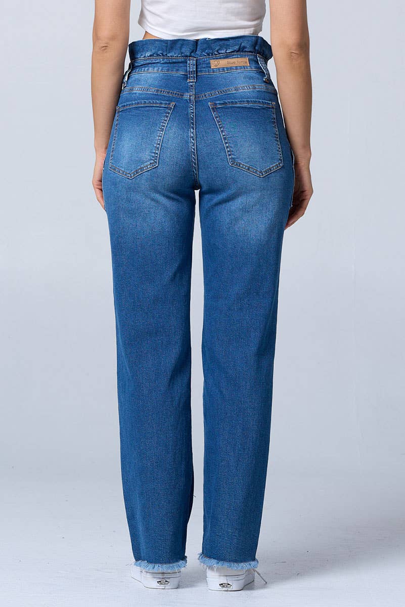 Distress fashion boot cut baggy jeans w/draw string raw edge