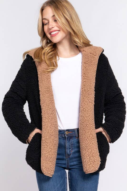 Long Sleeve Hoodie Faux-fur Reversible Jacket