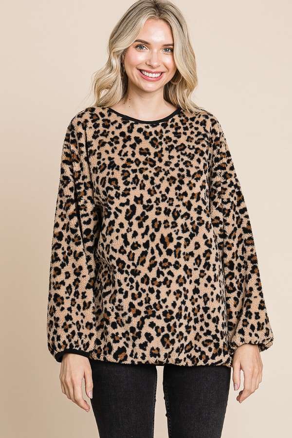 Print Faux Fur Crew Neck Long Sleeve Top