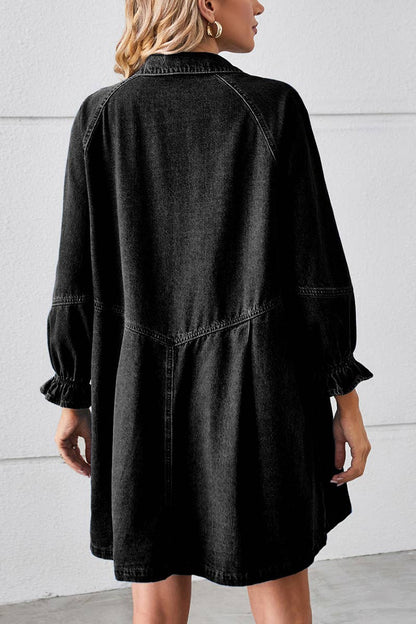 Loose wash long sleeve denim single breasted short dress