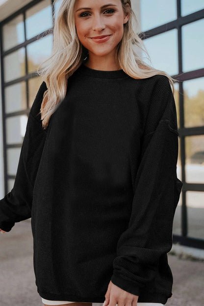 Black Ribbed Corded Oversized Long Sleeve Sweatshirt
