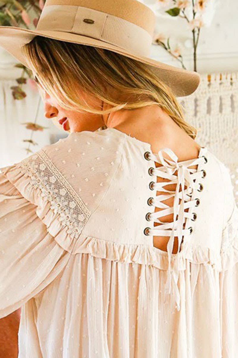 Lace-Up Back Detail Swiss Dot Patterned Blouse