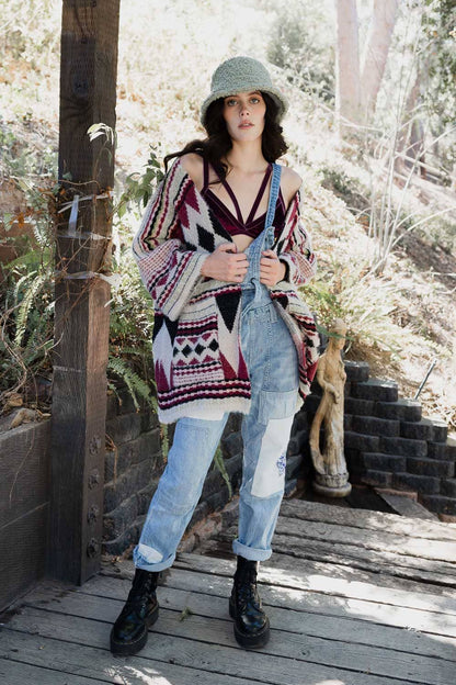 Boho Faux Fur Ruana Wrap with Cozy Pockets - Tribal Cardigan