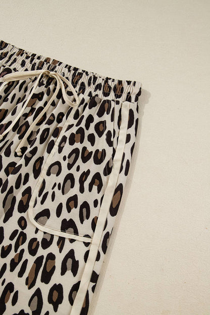 Khaki Leopard Wide Leg Cropped Pants