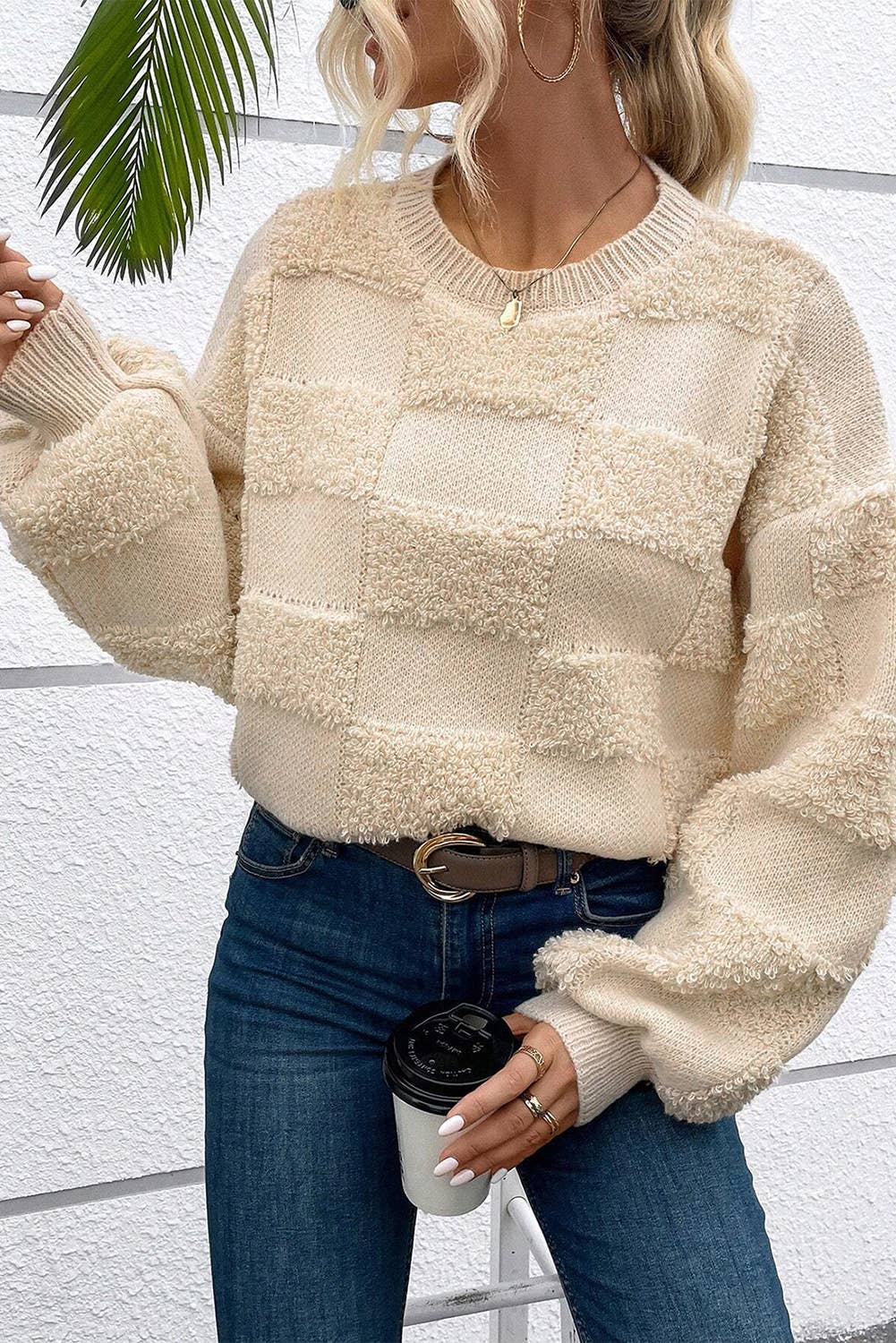 Checkered Sherpa Crew Neck Loose Sweater