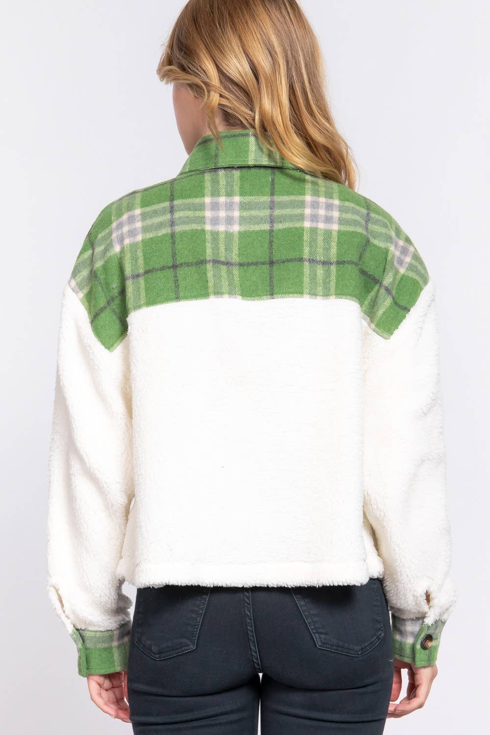 Button Down Plaid Contrast Faux Fur Jacket