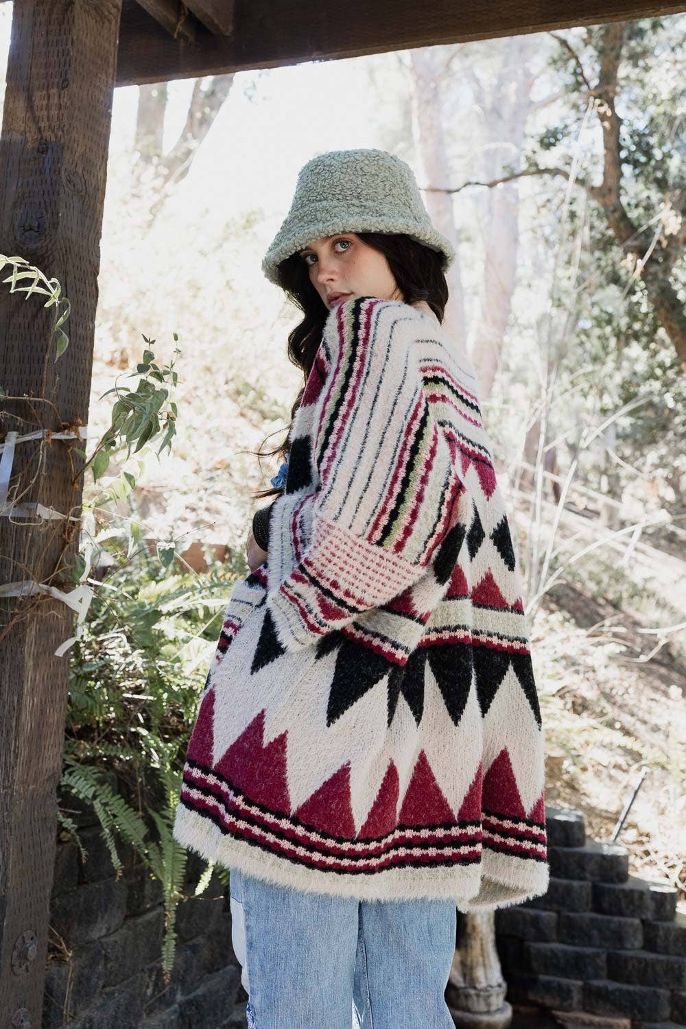 Boho Faux Fur Ruana Wrap with Cozy Pockets - Tribal Cardigan