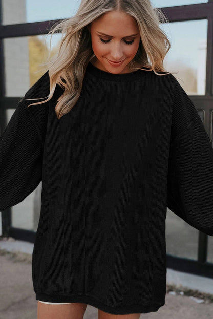 Black Ribbed Corded Oversized Long Sleeve Sweatshirt