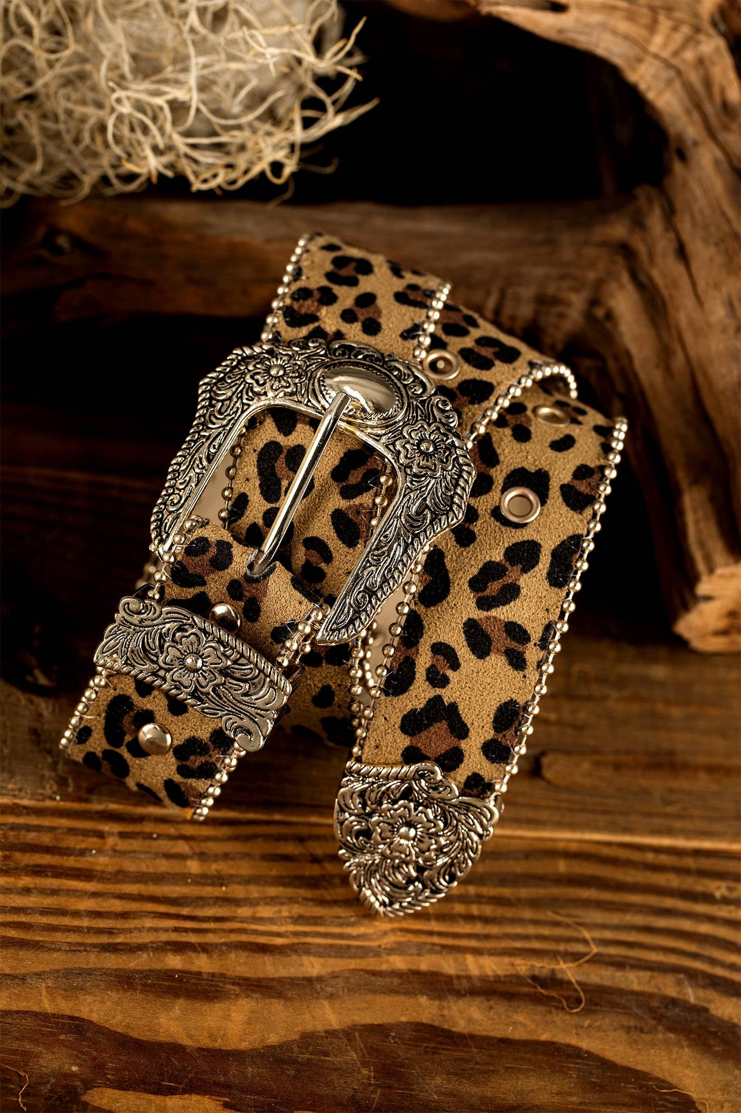 Leopard Beading Trim Retro Embossed Hardware PU Waist Belt