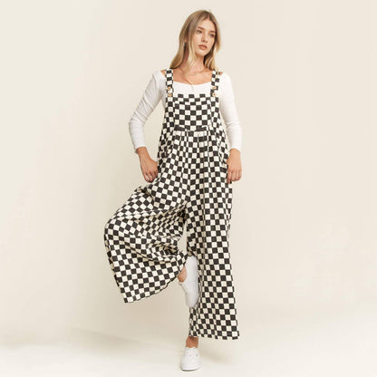 Checkered Denim Wide Leg Overall