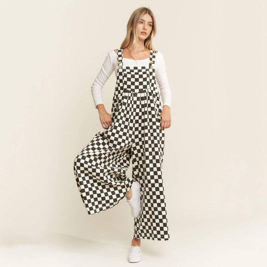 Checkered Denim Wide Leg Overall