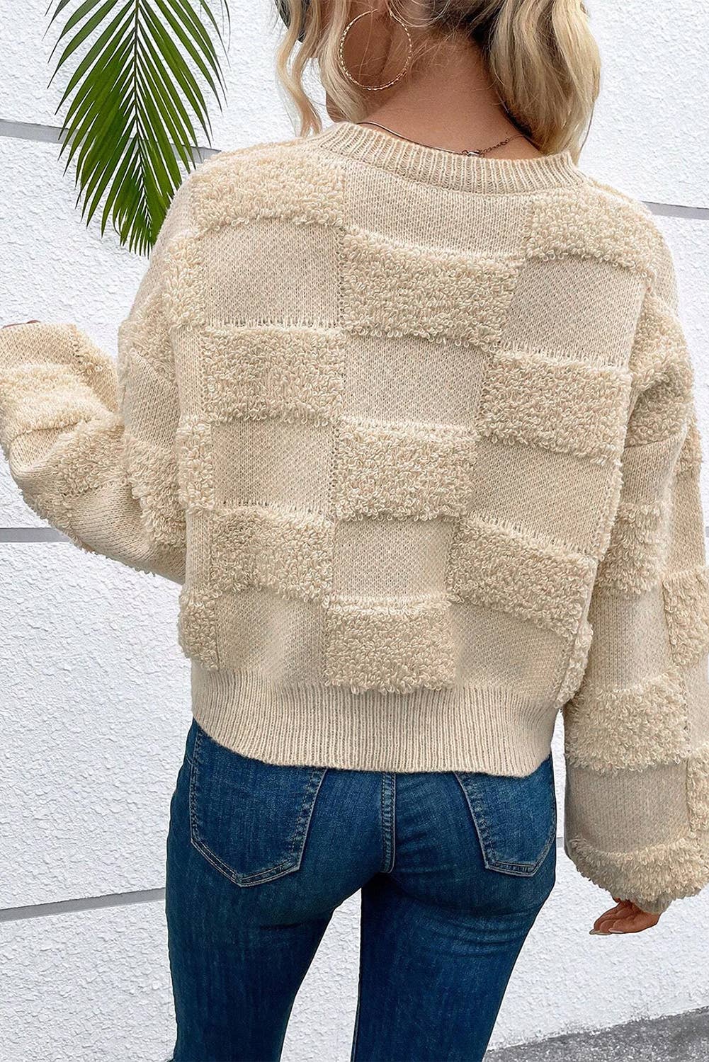 Checkered Sherpa Crew Neck Loose Sweater