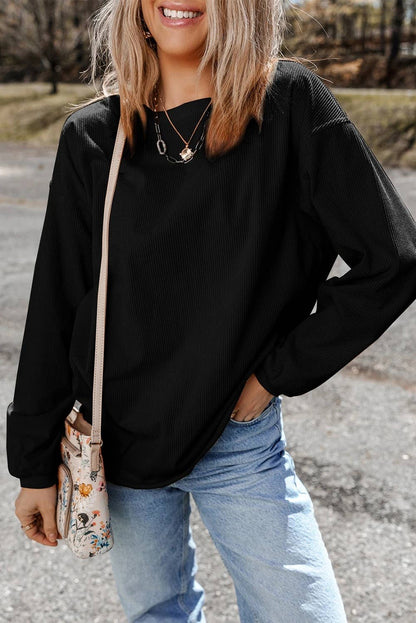 Black Ribbed Corded Oversized Long Sleeve Sweatshirt