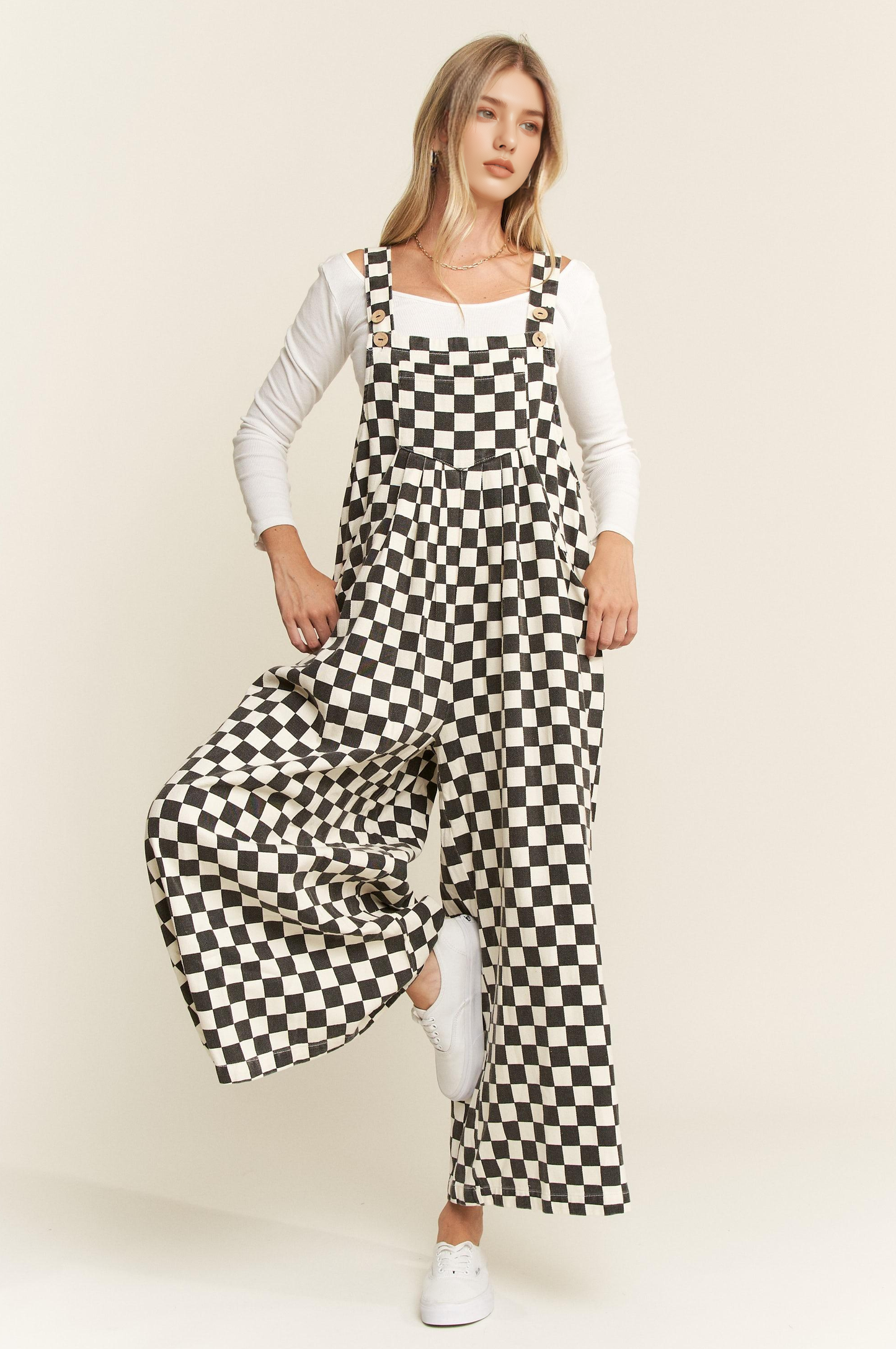 Checkered Denim Wide Leg Overall