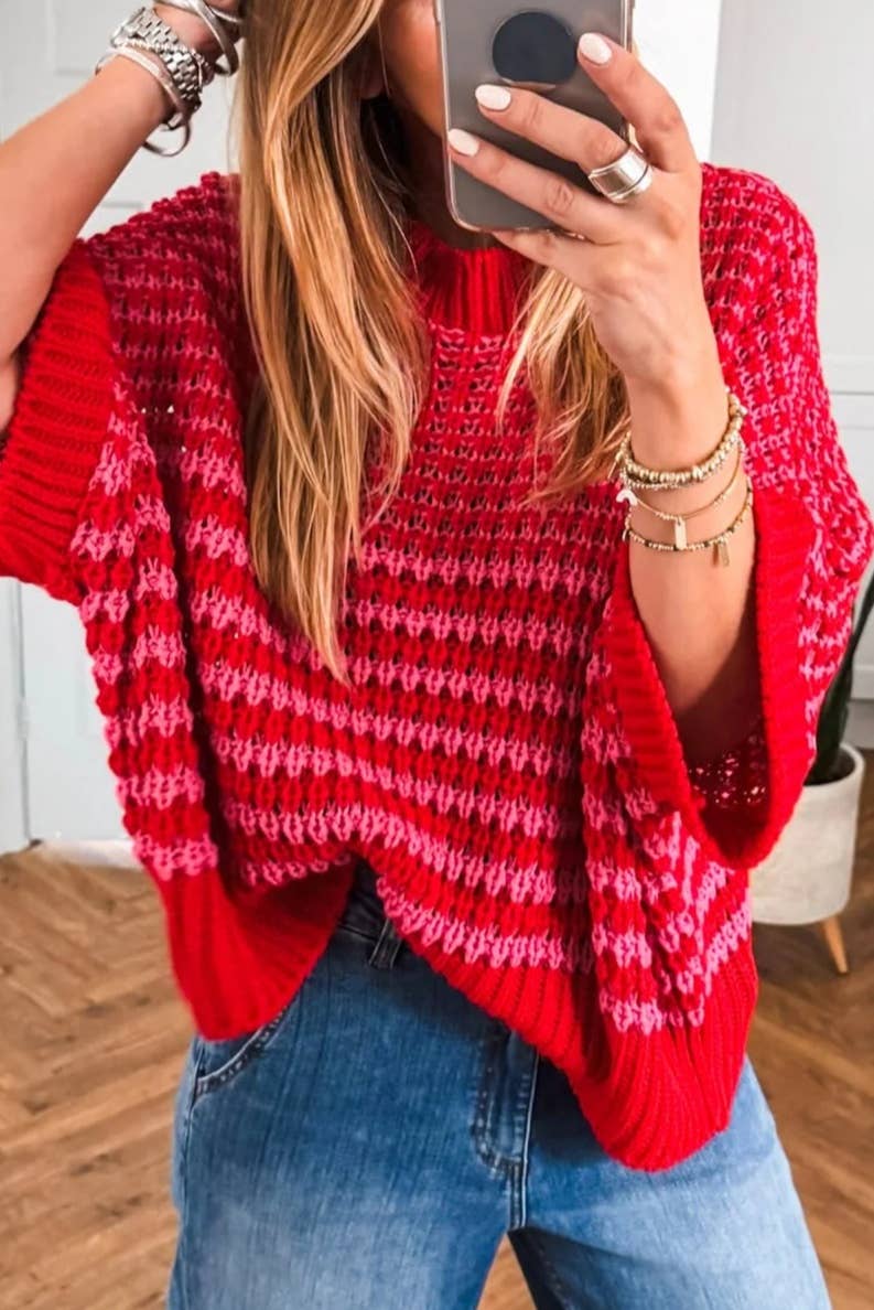 Valentine Color Block 3/4 Draped Sleeve Slouchy Sweater