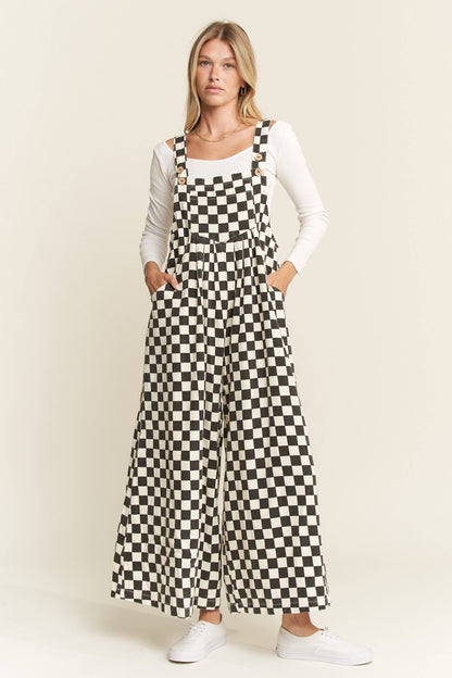 Checkered Denim Wide Leg Overall