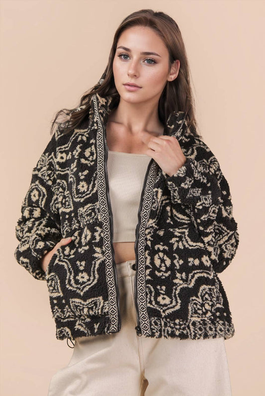 Oversized Trim Detail Printed Casual Fleece Jacket