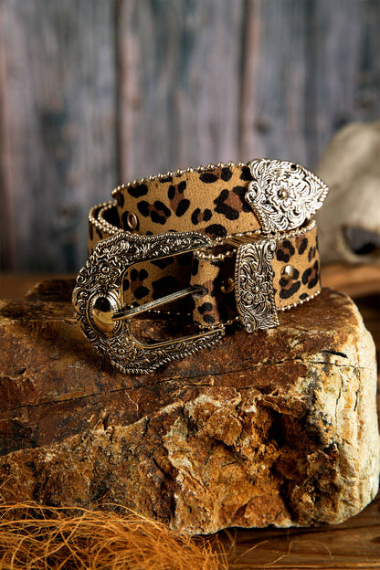 Leopard Beading Trim Retro Embossed Hardware PU Waist Belt