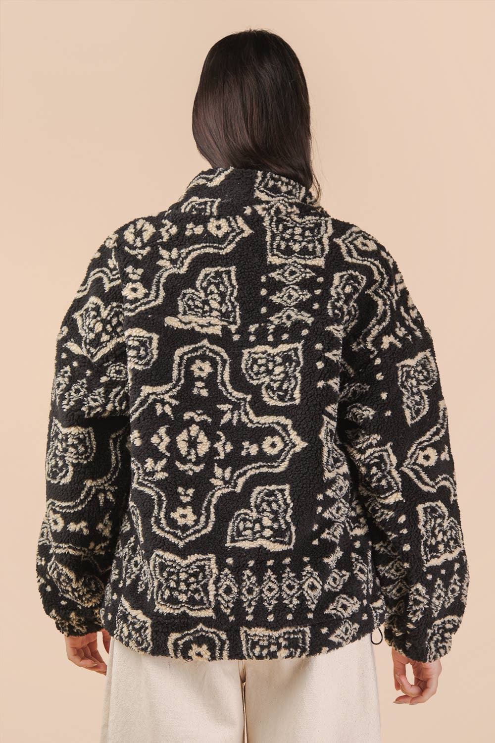 Oversized Trim Detail Printed Casual Fleece Jacket
