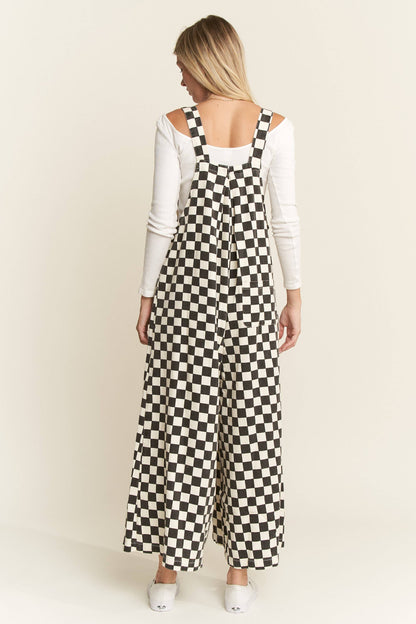 Checkered Denim Wide Leg Overall