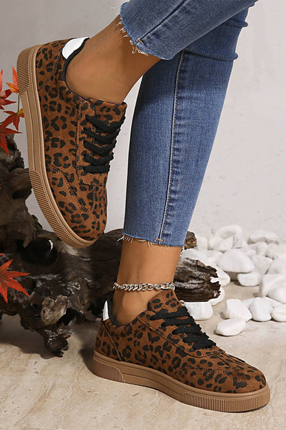 Leopard Print Contrast Heel Tab Patchwork Laceup Shoes