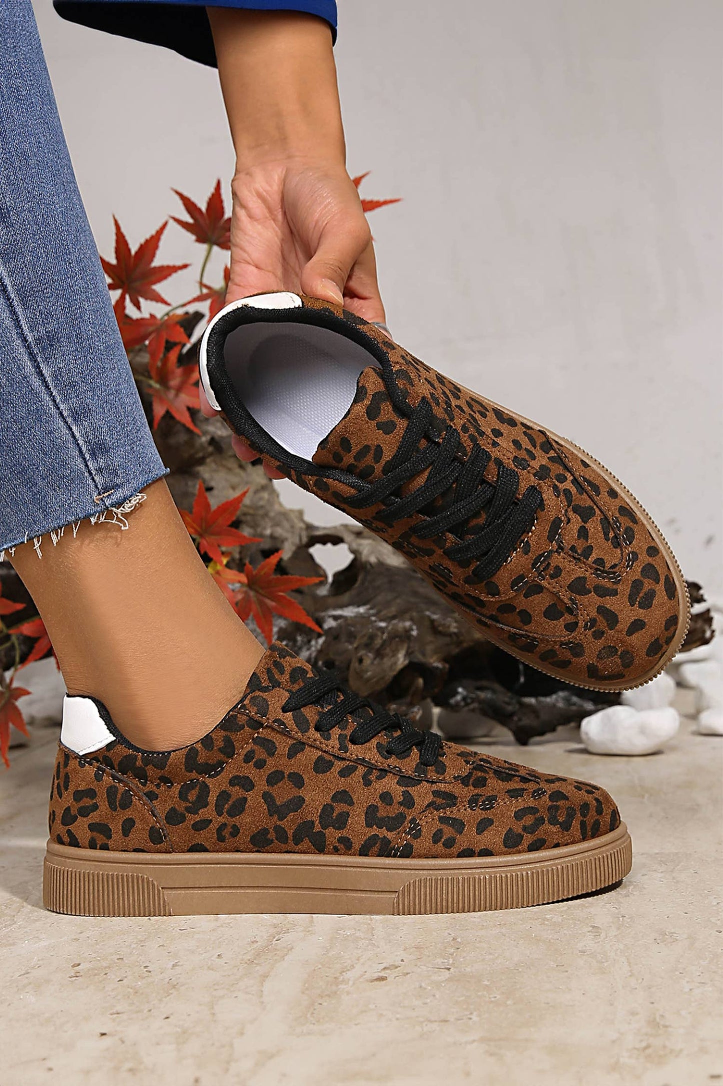 Leopard Print Contrast Heel Tab Patchwork Laceup Shoes